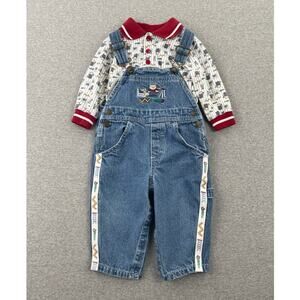 Vintage Miniwear Teddy Bear Embroidered Denim Overalls Shirt Set Baby 12 months